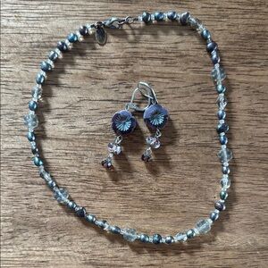Blue and Silver Beaded Necklace & earrings set with Pearlescent Finish